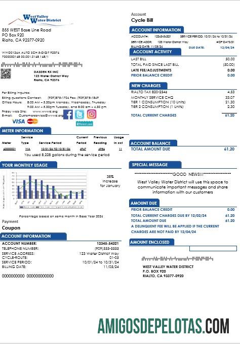 realista Modelo de conta de serviços públicos do distrito de água de West Valley, EUA, Califórnia, em formatos Word e PDF